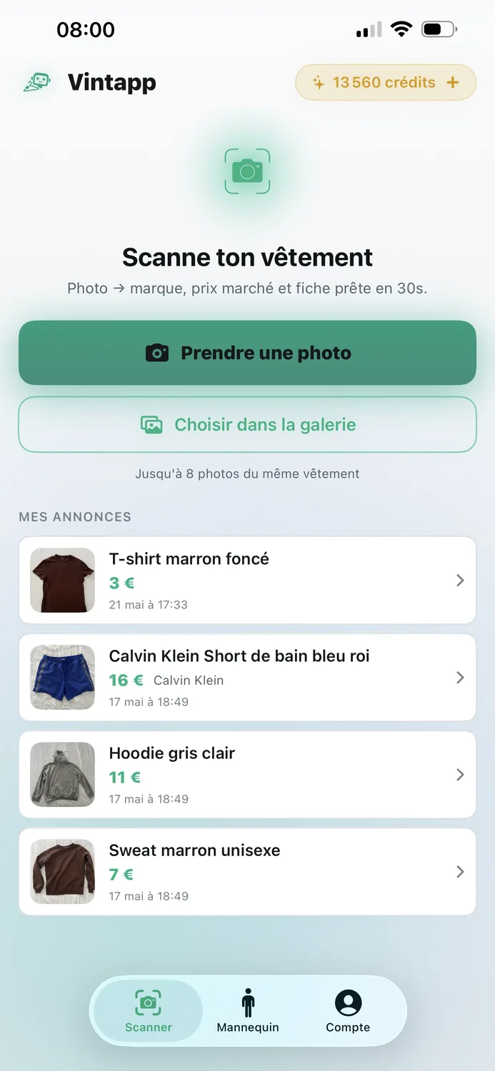 Tab Scanner Vintapp : 'Scanne ton vêtement' avec liste de tes annonces