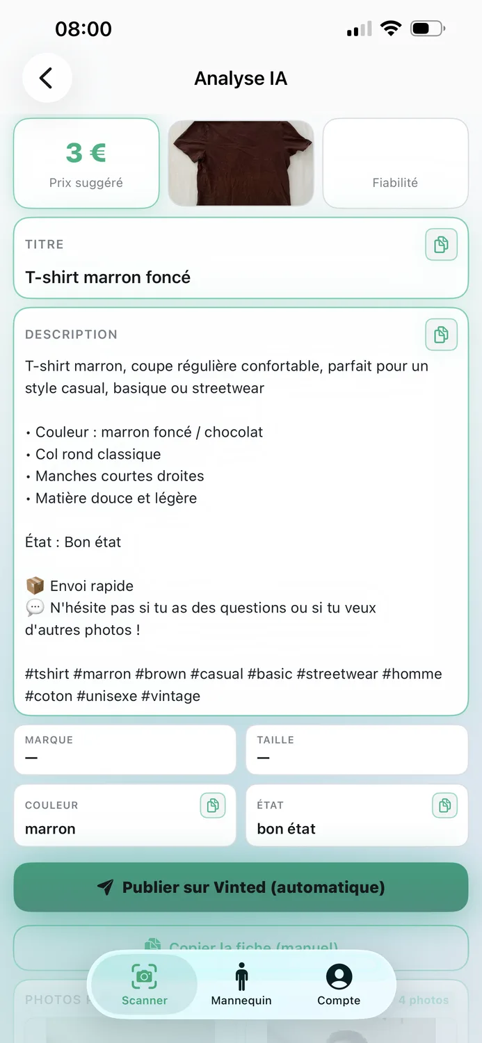 Capture écran Vintapp : fiche complète avec bouton Publier sur Vinted automatique