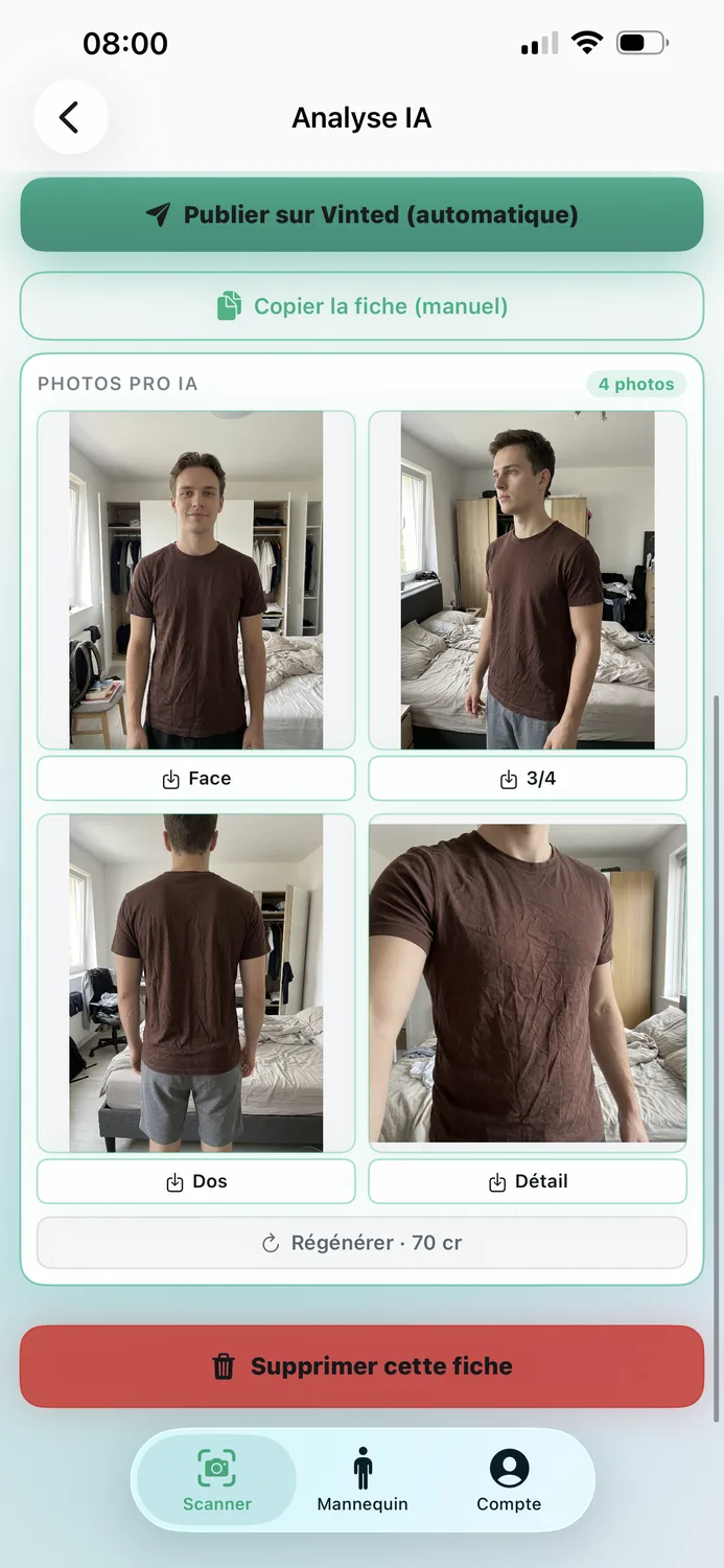 Capture Vintapp : 4 photos studio d'un mannequin IA portant le T-shirt scanné — face, 3/4, dos, détail