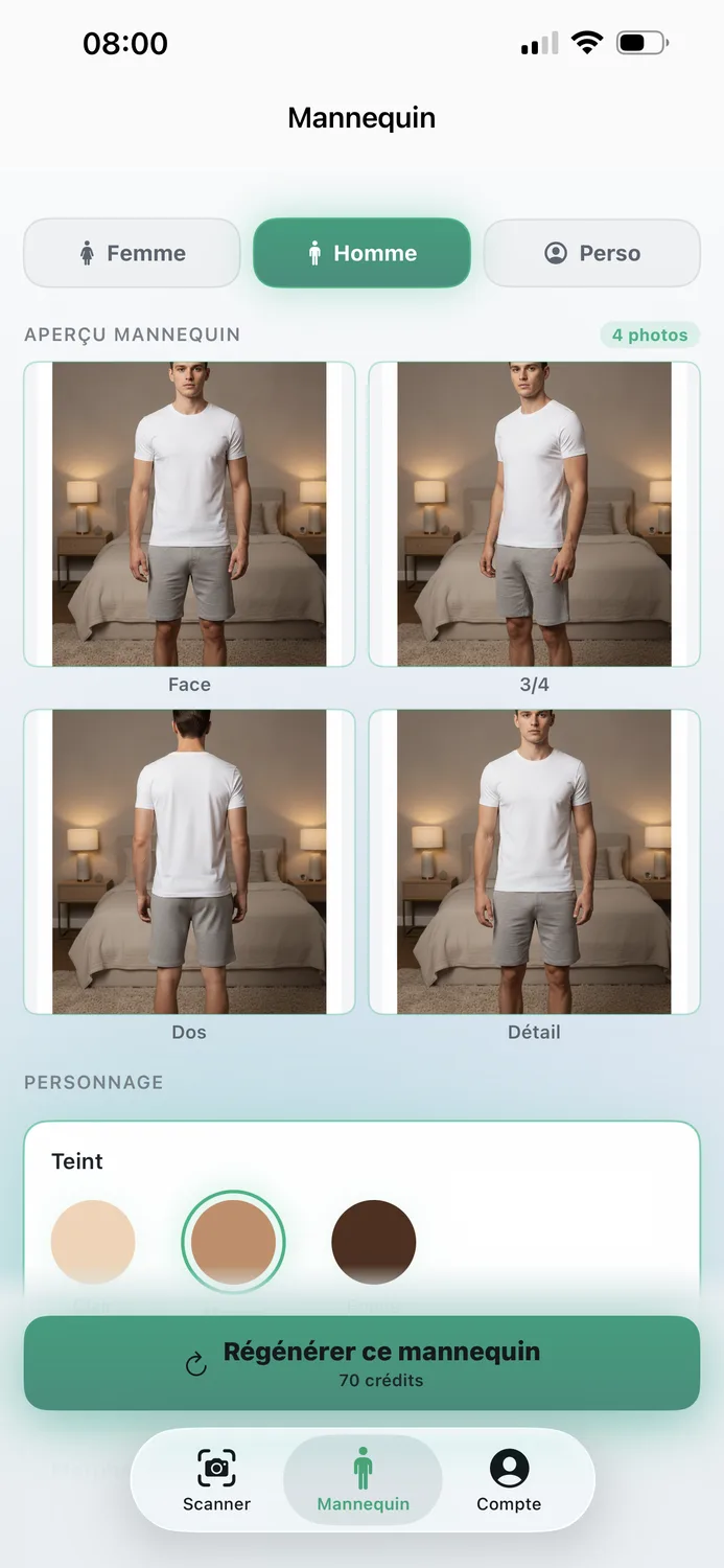 Tab Mannequin Homme : 4 photos pro générées dans une chambre