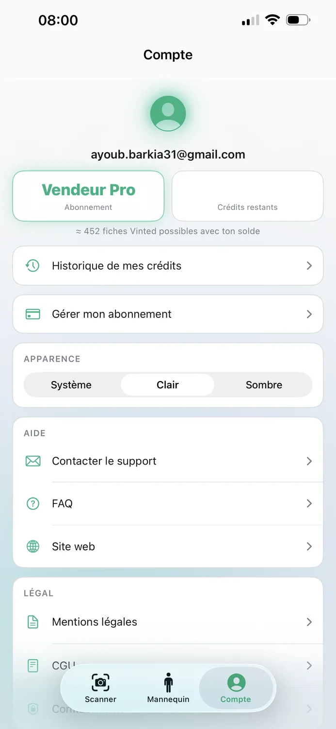 Tab Compte : plan Vendeur Pro et options paramètres